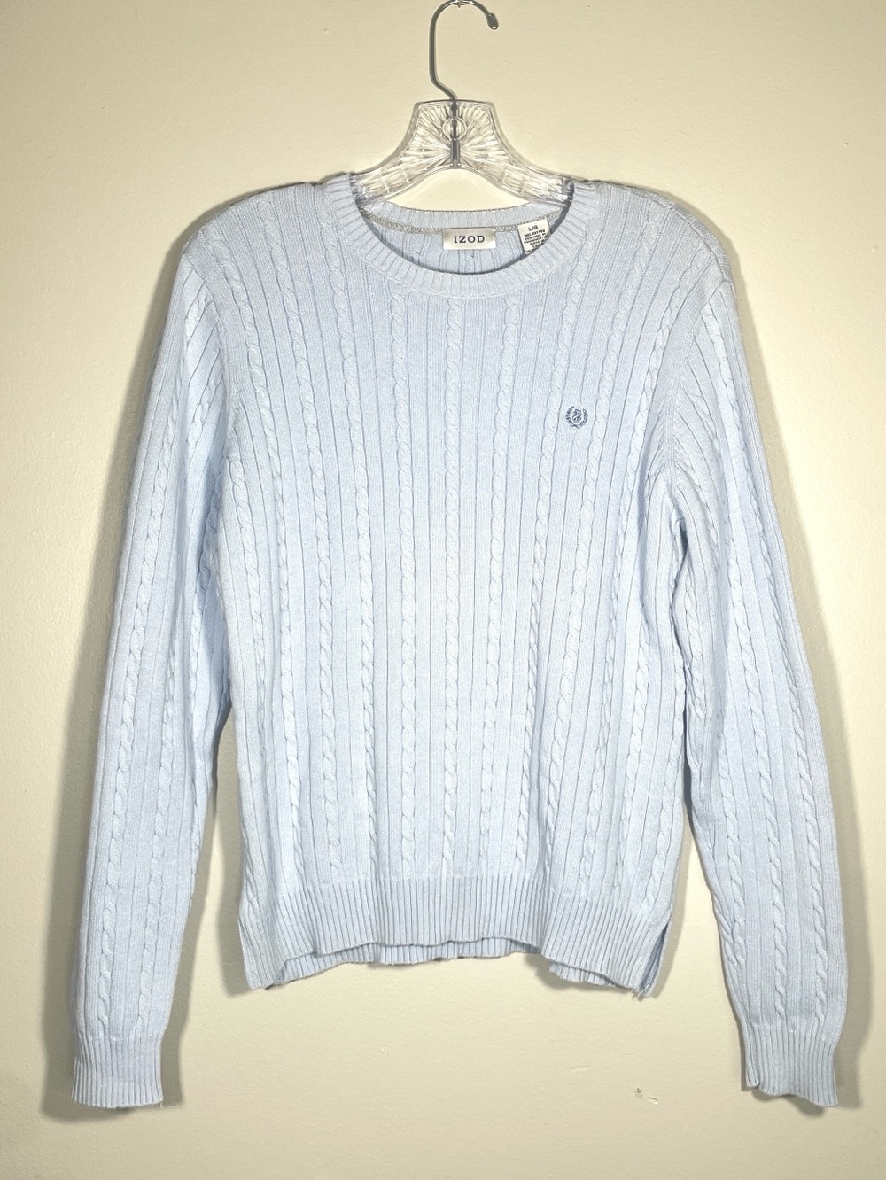 IZOD Light Blue Cable Knit Cotton Crewneck Sweater Preppy Coastal Grandmother